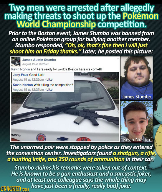 Two men were arrested after allegedly making threats to shoot up the Pokemon World Championship competition. Prior to the Boston event, James Stumbo w