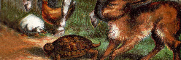 Painting of a tortoise looking at a hare