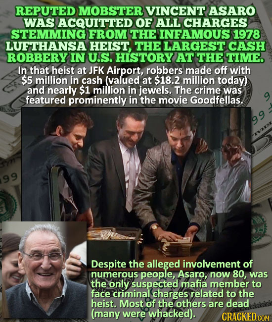 REPUTED MOBSTER VINCENT ASARO WAS ACQUITTED OF ALL CHARGES STEMMING FROM THE INFAMOUS 1978 LUETHANSA HEIST THE LARGEST CASH ROBBERY IN U.S. HISTORY AT