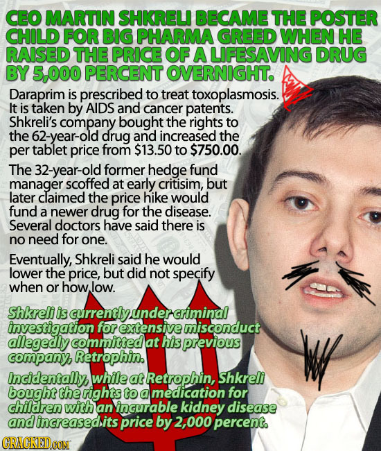 CEO MARTIN SHKRELI BECAME THE POSTER CHILD FOR BIG PHARMA GREED WHEN HE RAISED THE PRICE OF A LIFESAVING DRUG BY 5,000 PERCENT OVERNIGHT. Daraprim is 
