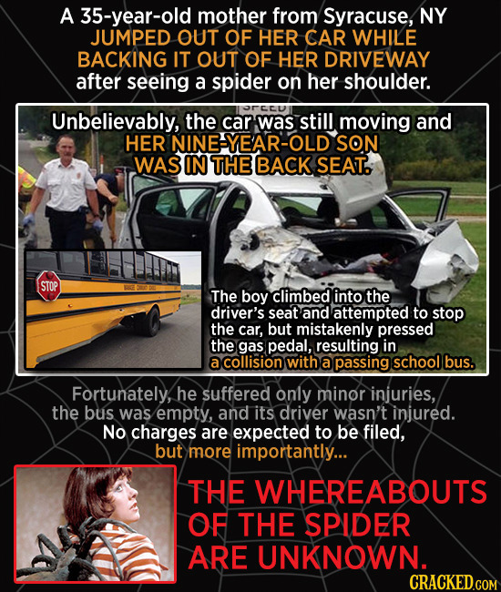 A 35-year-old mother from Syracuse, NY JUMPED OUT OF HER CAR WHILE BACKING IT OUT OF HER DRIVEWAY after seeing a spider on her shoulder. OFEU Unbeliev