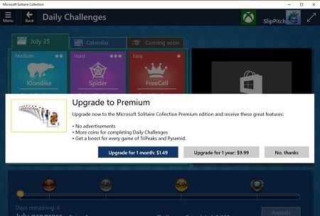 Mgoan Daily Challenges Menu k SlipPitch July 25 Calendar Coming soon Meum aard Easy Klondfike Spider Freecell Upgrade to Premium Upgrade OONA the Micr