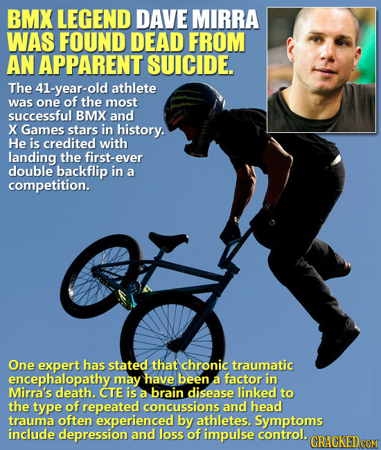 BMX LEGEND DAVE MIRRA WAS FOUND DEAD FROM AN APPARENT SUICIDE. The 41-year-old athlete was one of the most successful BMX and X Games stars in history
