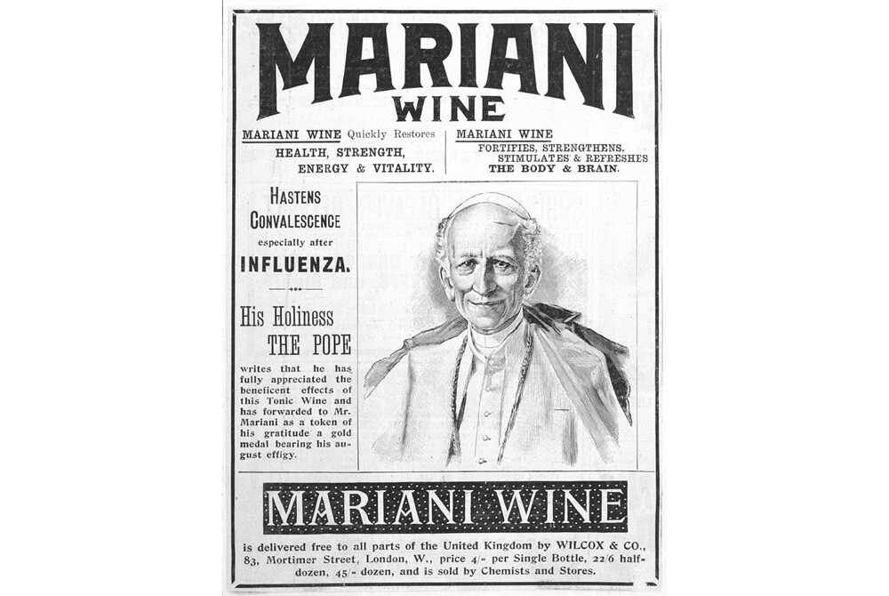 Pope Leo XIII purportedly carried a hipflask of Vin Mariani with him, and awarded a Vatican gold medal to Angelo Mariani.