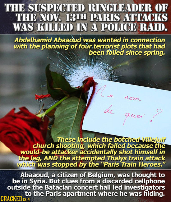 THE SUSPECTED RINGLEADER OF THE NOV. 13TH PARIS ATTACKS WAS KILLED IN A POLICE RAID. Abdelhamid Abaaoud was wanted in connection with the planning of 