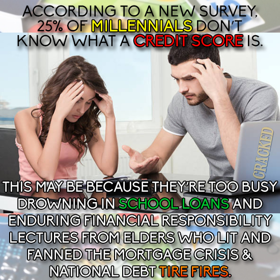 ACCORDING TO A NEW SURVEY. 25% OF MILLENNIALS DON'T KNOW WHAT A CREDIT SCORE IS. THIS MAY BE BECAUSE THEY'RE TOO BUSY CRACKED DROWNING IN SCHOOL LOANS