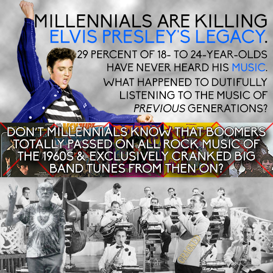 MILLENNIALS ARE KILLING ELVIS PRESLEY'S LEGACY. 29 PERCENT OF 18- TO 24-YEAR-OLDS HAVE NEVER HEARD HIS MUSIC. WHAT HAPPENED TO DUTIFULLY LISTENING TO 