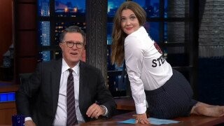 Drew Barrymore Reenacts Letterman Striptease for Stephen Colbert