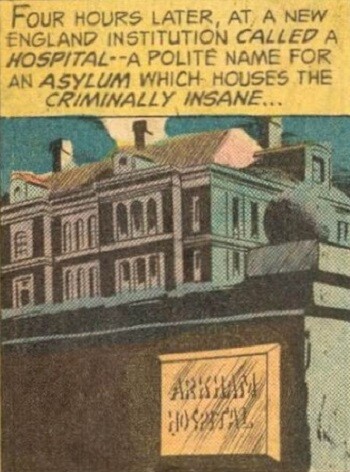 Batman comic panel showing "Arkham Hospital."