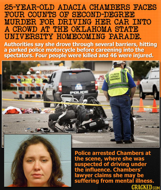 25-YEAR-OLD ADACIA CHAMBERS FACES FOUR COUNTS O SECOND-DEGREE MURDER FOR DRIVING HER CAR INTO A CROWD AT THE OKLAHOMA STATE UNIVERSITY HOMECOMING PARA