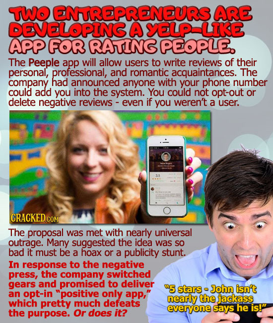 TWO ENTREPRENEURS ARE A YELP-LKE APP FOR RATING PEOPLE. The Peeple app will allow users to write reviews of their personal, professional, and romantic