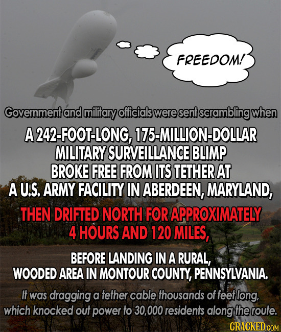 FREEDOM! Government and military officials were sent scramblingo when A242-FOOT-LONG, 7-MLLION-DOLLAR MILITARY SURVEILLANCE BLIMP BROKE FREE FROM ITS 