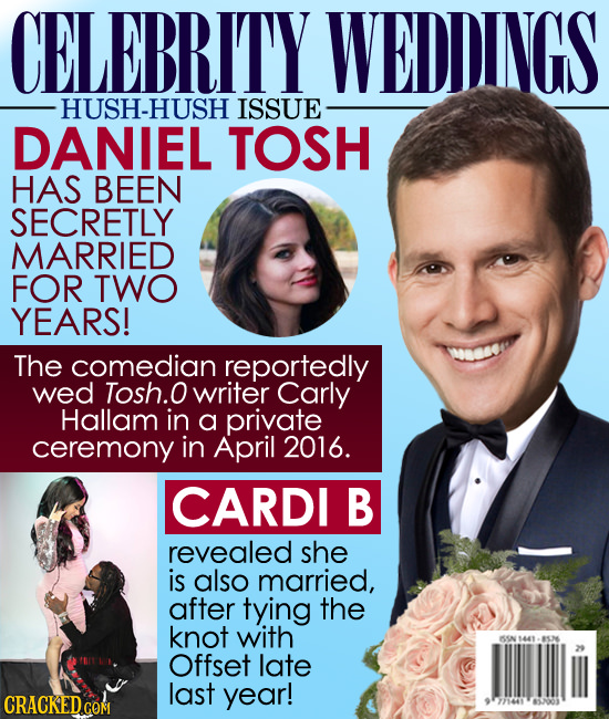 CELEBRITY WEDDINGS HUSH-HUSH ISSUE DANIEL TOSH HAS BEEN SECRETLY MARRIED FOR TWO YEARS! The comedian reportedly wed Tosh. writer Carly Hallam in a pri