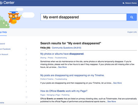 Ip Center Rear Home My event disappeared Help Fontie Search results for My event disappeared FADS (50) Community Questions (34.610) Facebook My aoue