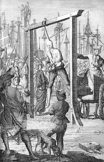 Drawing of pirate being hanged to death.