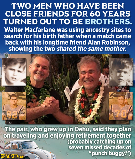 TWO MEN WHO HAVE BEEN CLOSE FRIENDS FOR 60 YEARS TURNED OUT TO BE BROTHERS. Walter Macfarlane was using ancestry sites to search for his birth father 
