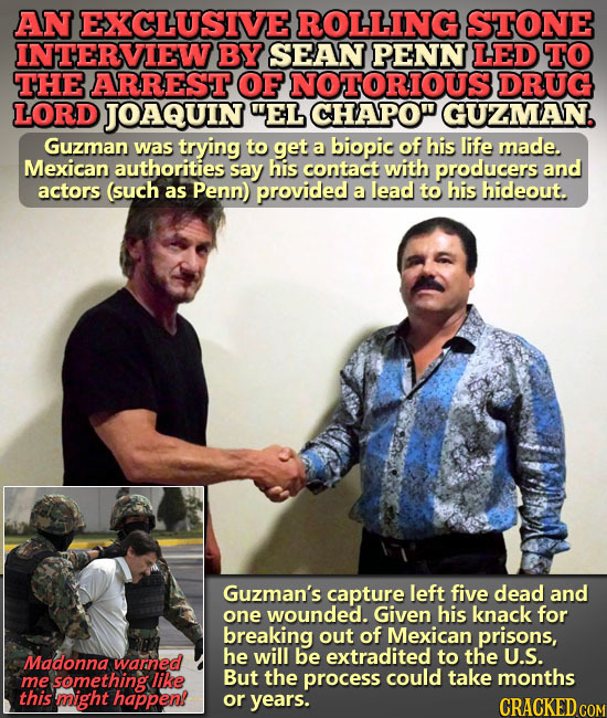 AN EXCLUSIVE ROLLING STONE INTERVIEW BY SEAN PENN LED TO THE ARREST OF NOTORIOUS DRUG LORD JOAQUIN EL CHAPO GUZMAN. Guzman was trying to get a biopi