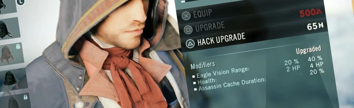 EQUIP S0o UPGRADE 65H HACk UPGRADE Upgraded 40 % 20 % Modifiers 4 HP Range. 2 HP Vision 20 % Eagle Health Duratior Cache ASSASsi 