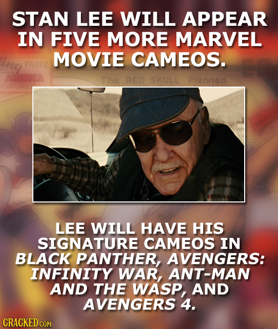 STAN LEE WILL APPEAR IN FIVE MORE MARVEL MOVIE CAMEOS. PACES The RED SKULL Planned LEE WILL HAVE HIS SIGNATURE CAMEOS IN BLACK PANTHER, AVENGERS: INFI