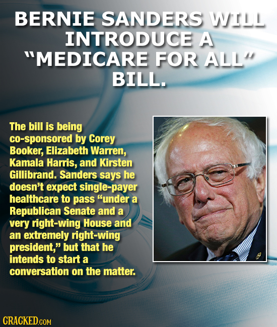 BERNIE SANDERS WLL INTRODUCE A MEDICARE FOR ALL BILL. The bill is being co-sponsored by Corey Booker, Elizabeth Warren, Kamala Harris, and Kirsten G