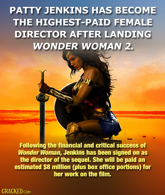 PATTY JENKINS HAS BECOME THE HIGHEST-PAID FEMALE DIRECTOR AFTER LANDING WONDER WOMAN 2. Following the financial and critical success of Wonder Woman, 