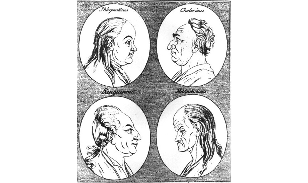 Image of woodcut from Physiognomische Fragmente zur Beförderung der Menschenkenntnis und Menschenliebe (1775-1778) by Johann Kaspar Lavater. Phlegmatic and choleric (above), sanguine and melancholic (below)