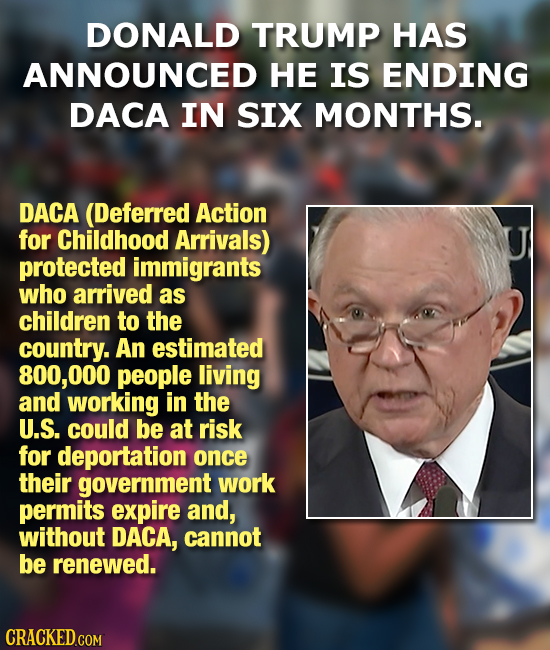 DONALD TRUMP HAS ANNOUNCED HE IS ENDING DACA IN SIX MONTHS. DACA (Deferred Action for Childhood Arrivals) protected immigrants who arrived as children