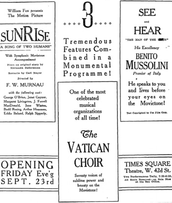 ...3.... Wilsam Fex Bresenls SEE The Motion Pichure t SUNRISE HEAR Tremendous ATE M4A Or TIEE ASONC OF TWO HUMANS Features Com- HIis Excellency wia Sy