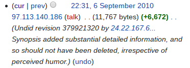 (cur I prev) 22:31, 6 September 2010 97.113.140.186 (talk) . (11, 767 bytes) (+6,672) . . (Undid revision 379921320 by 24.22.167.6... Synopsis added s