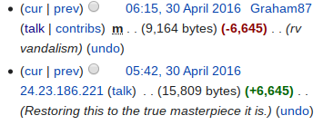 (cur I prev) 06:15, 30 April 2016 Graham87 (talk I contribs) m. - (9.164 bytes) (-6,645). (rV vandalism) (undo) (cur I prev) 05:42, 30 April 2016 24.2
