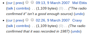 (cur I prev) 09:13, 9 March 2007 Mel Etitis (talk I contribs) (1109 bytes) (0) . . ('The radio confirmed it