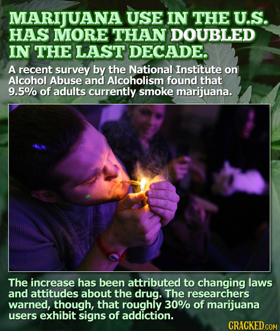 MARIJUANA USE IN THE U.S. HAS MORE THAN DOUBLED IN THE LAST DECADE. A recent survey by the National Institute on Alcohol Abuse and Alcoholism found th