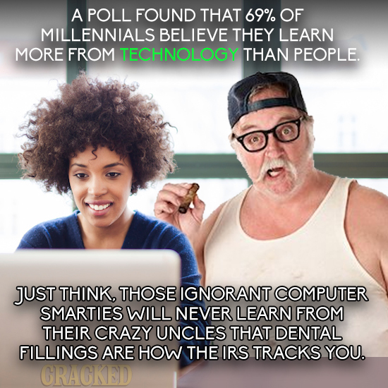 A POLL FOUND THAT 69% OF MILLENNIALS BELIEVE THEY LEARN MORE FROM TECHNOLOGY THAN PEOPLE. JUST THINK, THOSE IGNORANT COMPUTER SMARTIES WILL NEVER LEAR