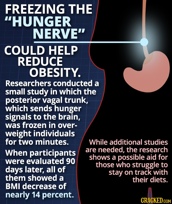 FREEZING THE HUNGER NERVE COULD HELP REDUCE OBESITY. Researchers conducted a small study in which the posterior vagal trunk, which sends hunger sign