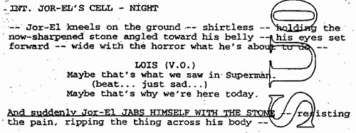 Excerpt from 'Superman: Flyby' script desribing Jor-El's suicide.