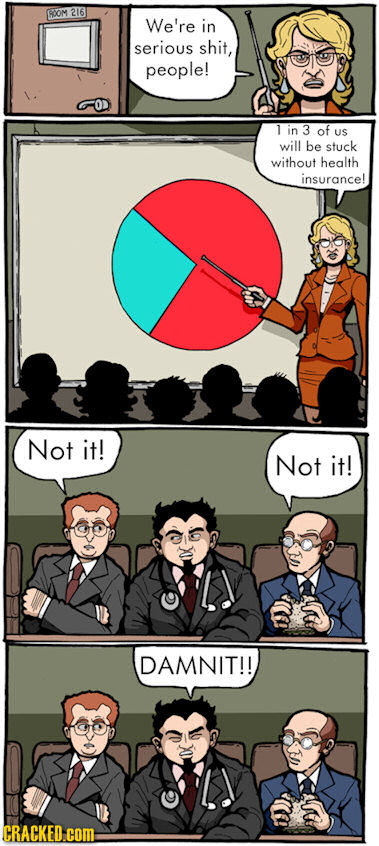 ROOM 216 We're in serious shit, people! in of US will be stuck without health insurance! Not it! Not it! DAMNIT!! CRACKED.cOM. 