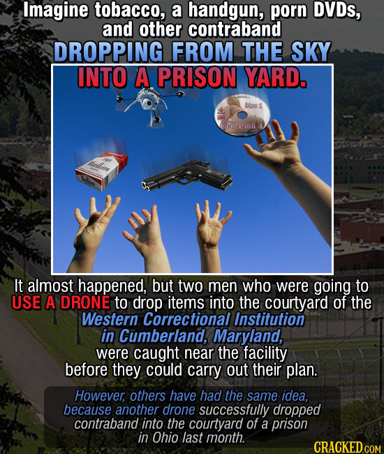 Imagine tobacco, a handgun, porn DVDs, and other contraband DROPPING FROM THE SKY INTO A PRISON YARD. faex 1PiN It almost happened, but two men who we