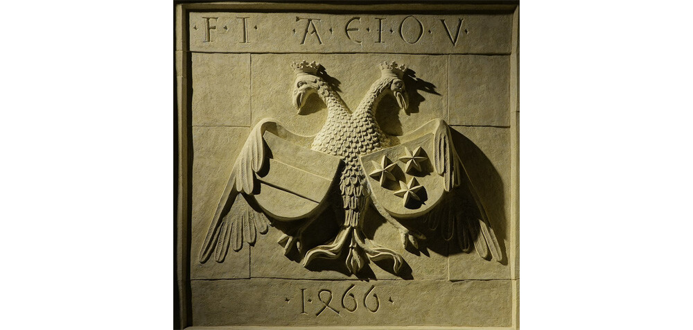 Heraldic plaque dated to 1466 with Habsburg motto F.I. A.E.I.O.U.