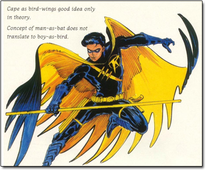 Cape as bird-wings good idea only in theory. Concept of man-as-bat does not translate to boy-as-bird.