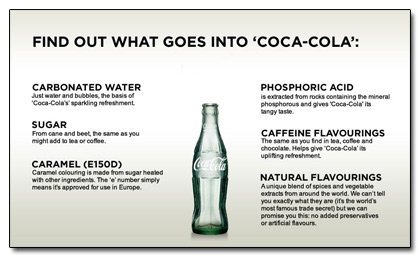 FIND OUT WHAT GOES INTO 'COCA-COLA': CARBONATED WATER PHOSPHORIC ACID Ast wler and bubblas he basis is aetet ooen ke oontaining te iset Coca-Cola'y'sa