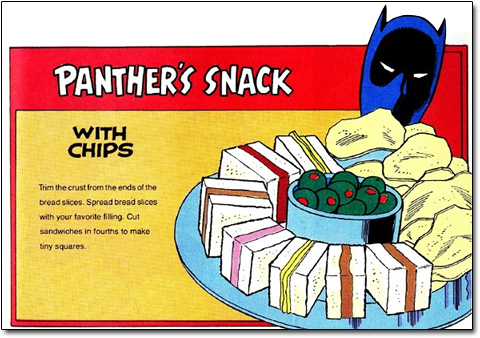 PANTHER'S SNACK WITH CHIPS Trim the cnust from fhe ends of the breadsices. Spread bread sicos Witth your favorite filing Cut sandwiches in fourths 0 m