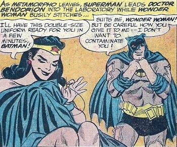 8 Famous Superhero Memes That Are Even Dumber In Context  Wonder Woman making a costume for a giant Batman