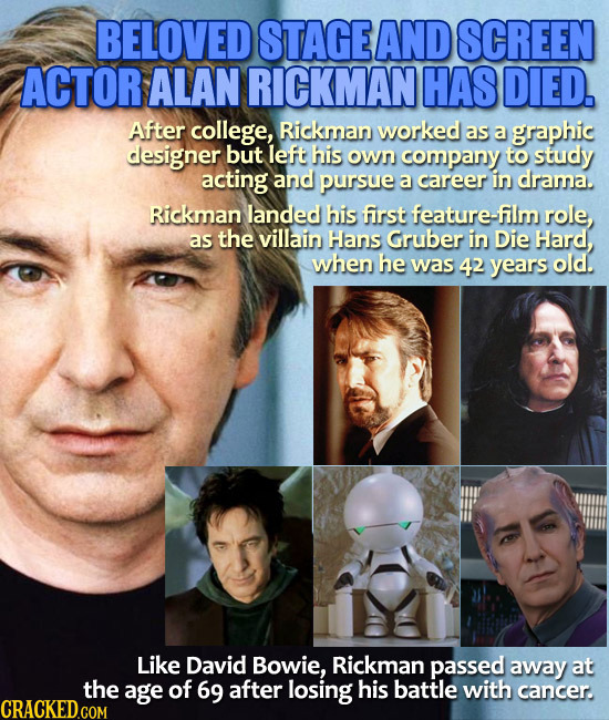 BELOVED STAGE AND SCREEN ACTOR ALAN RICKMAN HAS DIED. After college, Rickman worked as a graphic designer but left his own company to study acting and