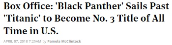 Box Office: 'Black Panther' Sails Past 'Titanic' to Become No. 3 Title of All Time in U.S. APRIL 07 2018 7-254 by Pamela Mcclintock