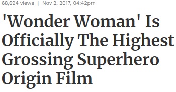 68.694 views I Nov 2. 2017. 04:42pm 'Wonder Woman' Is Officially The Highest Grossing Superhero Origin Film
