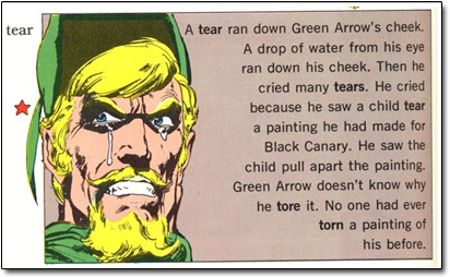 A tear down Green Arrow's cheek. tear ran A drop of water from his eye ran down his cheek. Then he cried many tears. He cried because he saW a child t