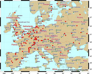 Europe nuclear reactors map