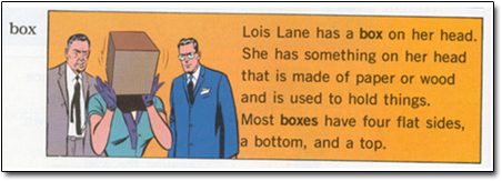 box Lois Lane has a box on her head. She has something on her head that is made of paper or wood and is used to hold things. Most boxes have four flat