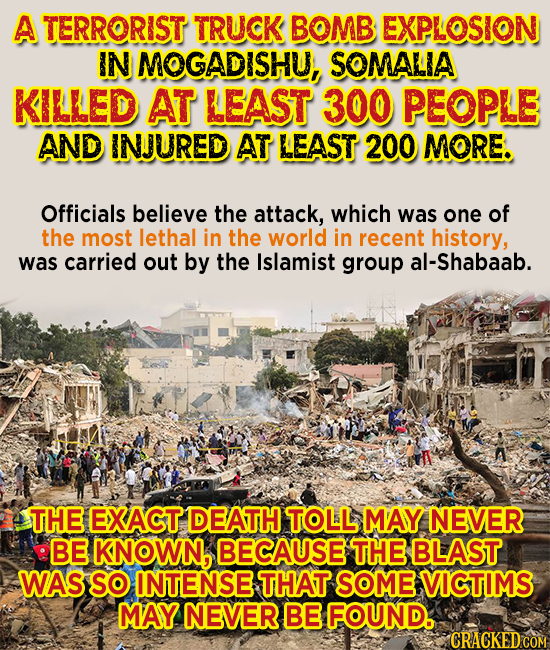 A TERRORIST TRUCK BOMB EXPLOSION IN MOGADISHU, SOMALIA KILLED AT LEAST 300 PEOPLE AND INJURED AT LEAST 200 MORE. Officials believe the attack, which w