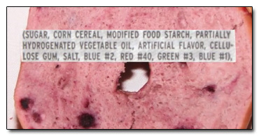 (SUGAR, CORN CEREAL. MODIFIED FOOD STARCH, PARTIALLY HYOROGENATED VEGETABLE OIL, ARTIFICIAL FLAVOR, CELL- LOSE GUM, SALT. BLUE #2. RED #40, GREEN #3,